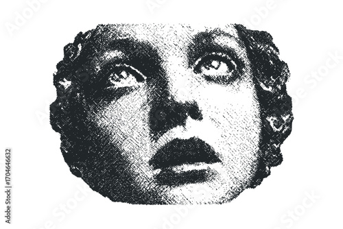 Distressed Old Stone Sculpture of a Child's Face Looking Up on Transparent Background. Vector hand drawn illustration