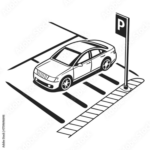 Isometric drawing of a white sedan in a parking space with a parking sign and pedestrian crossing