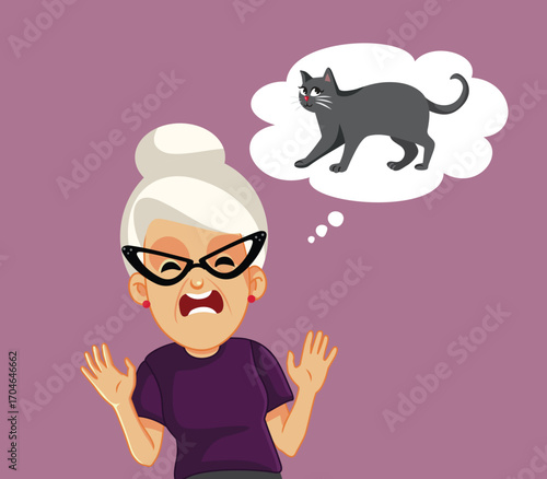 Fearful Superstitious Senior Lady Feeling Anxious Vector Character. Scared person feeling anxiety about bad omen
