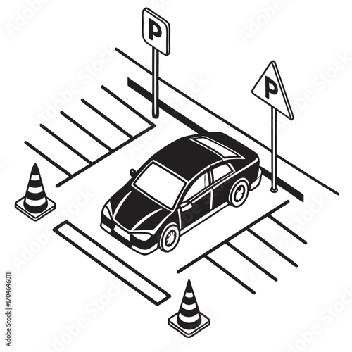 Isometric illustration of a sedan in a parking spot with traffic cones and parking signs automobile
