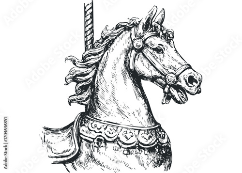 Vintage carousel horse head detail. Vector hand drawn illustration