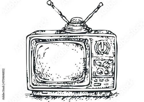 Vintage television with extending antenna. Vector hand drawn illustration