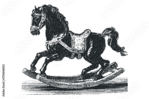 Textured rocking horse toy graphic on transparent background. Vector hand drawn illustration
