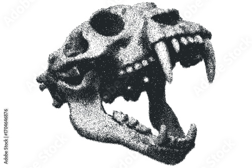 Sabre toothed cat skull open mouth dot grunge. Vector hand drawn illustration