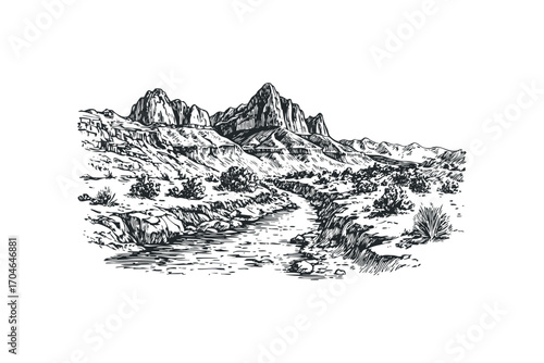 Hand drawn sketch of rocky canyon landscape with flowing river and desert scrub. Vector hand drawn illustration