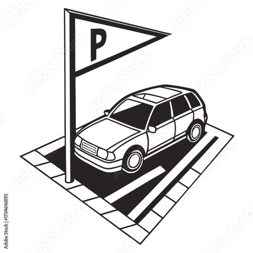Isometric illustration of a station wagon parked in a parking space with a triangular parking sign