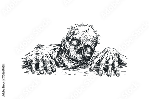 Emerging zombie head and hands reaching out from below ground. Vector hand drawn illustration