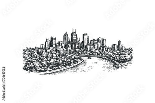 Detailed ink sketch of a sprawling city skyline with a winding river and lush trees. Vector hand drawn illustration