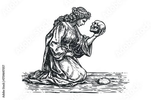 Person holding skull Transparent Background. Vector hand drawn illustration