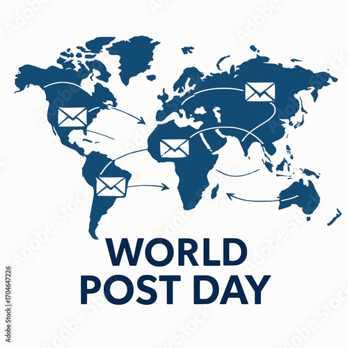 A clean vector illustration of a world map with postal routes for World Post Day, using solid colors and a white background