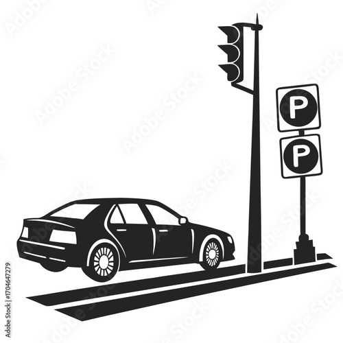 Silhouette of a sedan car at a traffic light with parking signs on a white background vector illustration