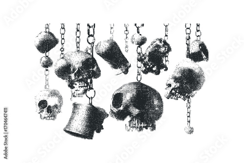 Collection of hanging skull amulets with chains. Vector hand drawn illustration