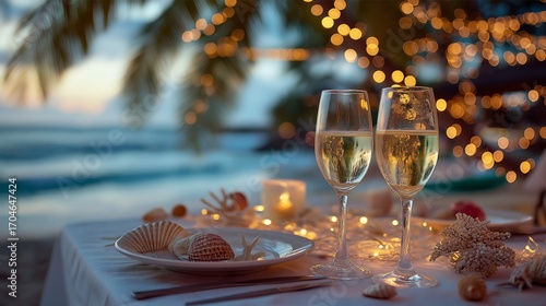 Fototapeta Naklejka Na Ścianę i Meble -  Romantic christmas dinner setup for two on a tropical beach with sparkling wine and seashells, with a blurred ocean and palm tree in the background