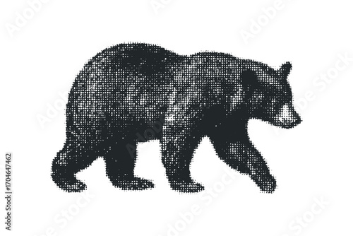 Halftone black bear walking on transparent background. Vector hand drawn illustration