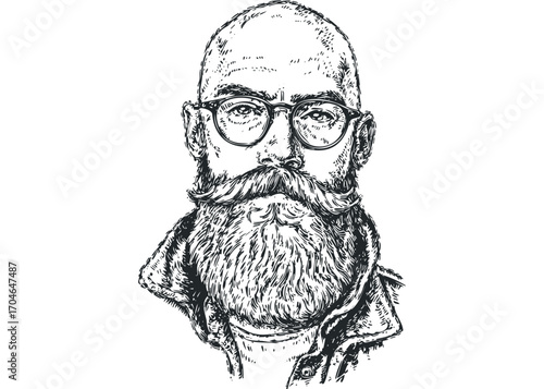 Pencil sketch of a bald man with glasses and a large beard. Vector hand drawn illustration