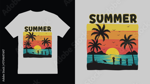 Vibrant summer t shirt design with tropical elements