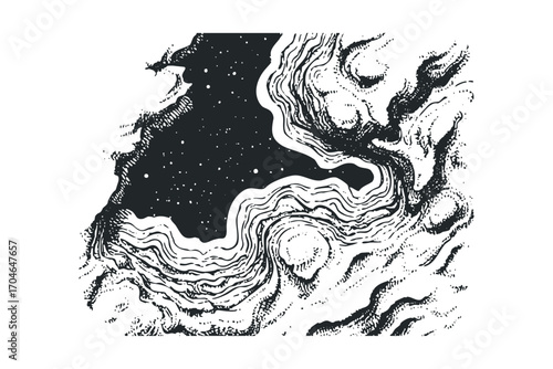 Abstract swirling cosmic space with stars and textured celestial bodies on white. Vector hand drawn illustration