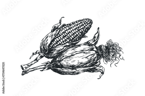 Two ears of corn with husks on white transparent. Vector hand drawn illustration