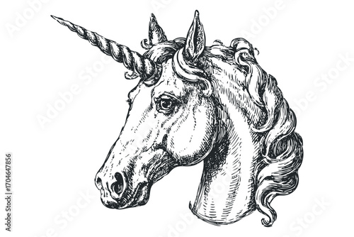 Pencil sketch of a mythical unicorn head with flowing mane and spiraling horn. Vector hand drawn illustration