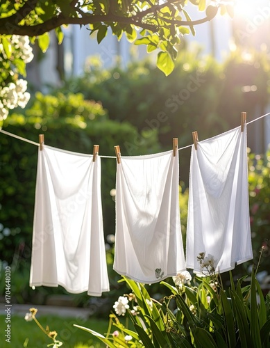 Wallpaper Mural White laundry hanging on a clothesline in a sunny garden (2) Torontodigital.ca