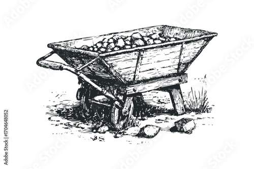 Vintage wheelbarrow overflowing with rocks and debris. Vector hand drawn illustration