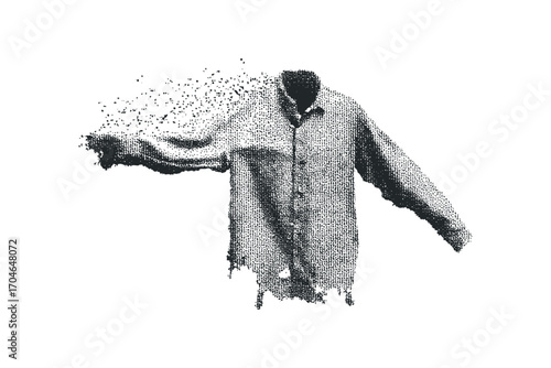 Fragmenting shirt with detailed stippling effect on transparent background. Vector hand drawn illustration