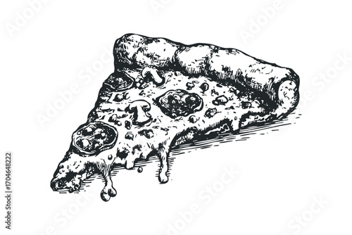 Sketch of a delicious slice of pizza with melted cheese and toppings. Vector hand drawn illustration