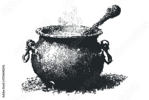 Vintage cauldron with steam and spoon on transparent. Vector hand drawn illustration