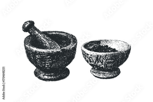 Two antique stone mortars with pestles and grinding material on transparent background. Vector hand drawn illustration