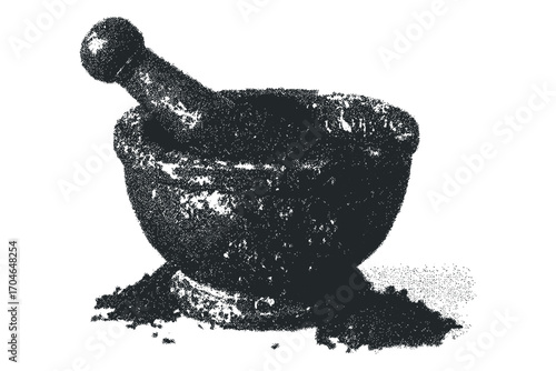 Stone mortar and pestle with powder on transparent background. Vector hand drawn illustration