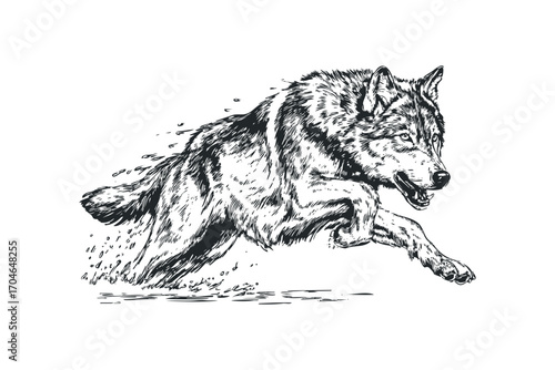 Ink sketch of a wolf running through water on a transparent background. Vector hand drawn illustration