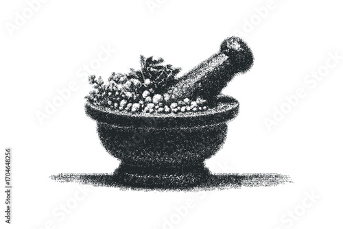 Stone mortar and pestle with peppercorns. Vector hand drawn illustration