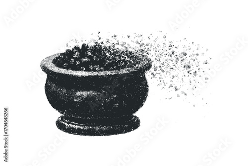 Stone mortar filled with small dark objects disintegrating into dust particles. Vector hand drawn illustration