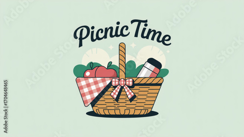 Picnic basket vector illustration for summer outdoor recreation and food with apple and blanket design