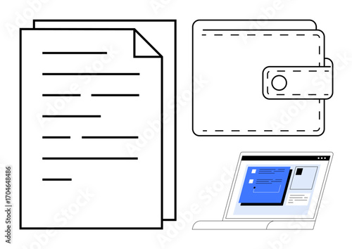 Documents, wallet, and laptop screen with digital interface highlight transaction security and file sharing. Ideal for finance, data storage, business tools, online payment, tech apps, digital