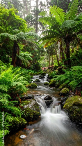Lush stream flowing through a verdant rainforest