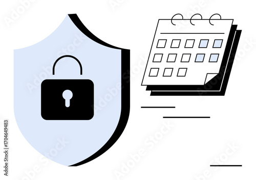 Padlock on shield for cybersecurity and privacy next to a calendar for scheduling. Ideal for planning, data protection, deadlines, organization, strategy, productivity, simple flat metaphor