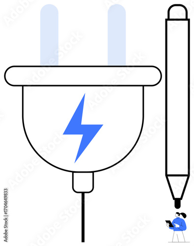 Electric plug with lightning graphic, large pen, and person with laptop. Ideal for innovation, energy, technology, creativity, education, sustainability simple landing page