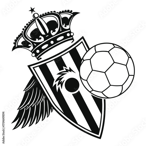 Black and white football club logo with crown, wings, and soccer ball emblem crest