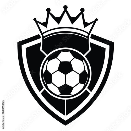 Black and white soccer ball shield with crown and geometric accents on white background football