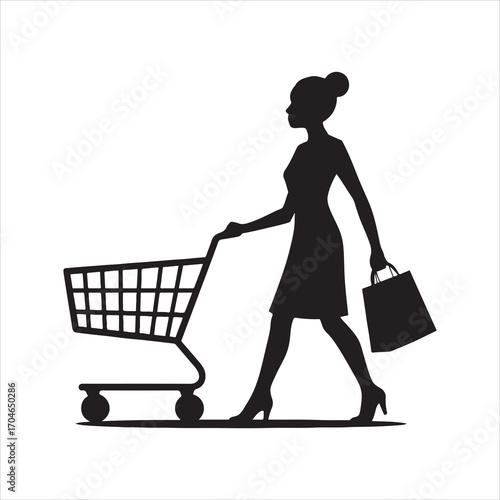 Elegant woman silhouette pushing shopping cart and carrying a shopping bag representing consumerism lifestyle retail therapy and shopping spree in a minimalist fashion