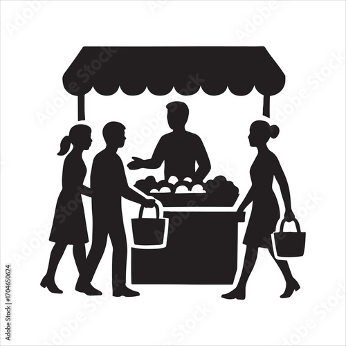 People Shopping at a Farmers Market Stall Illustration Showing Local Economy and Community Engagement Promoting Fresh Produce and Healthy Lifestyle Choices with a Vendor