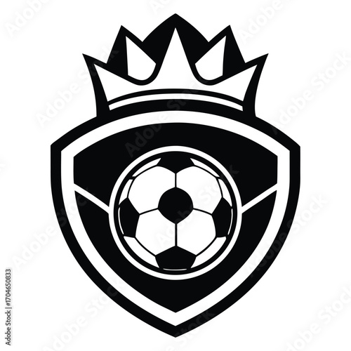 Black and white soccer shield with crown and soccer ball on white background Keywords: soccer, football, emblem, crest, logo, crown, royalty, king, queen, champion, winner, award, trophy, sports
