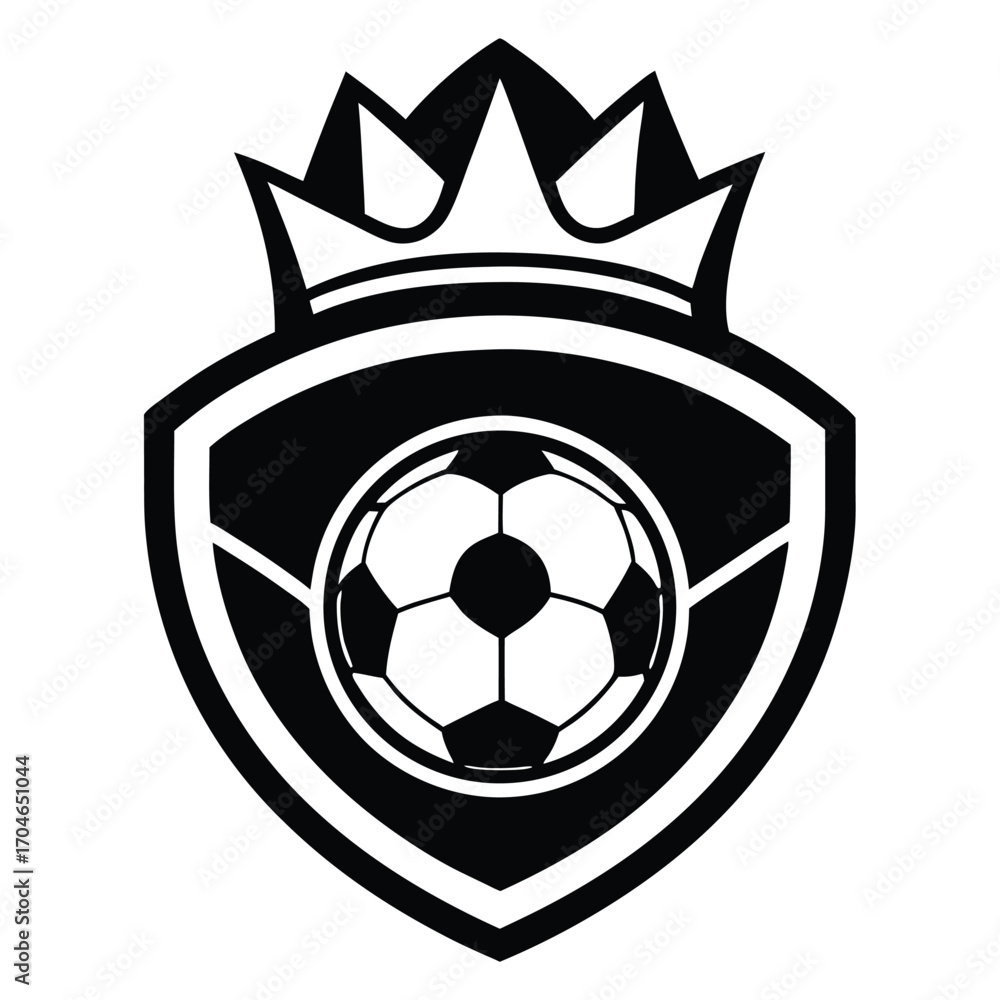 Obraz premium Black silhouette of a soccer emblem with a crown and a soccer ball on a white background Keywords: soccer, football, crest, emblem, logo, badge, shield, crown, royal, king, queen, royalty, sport