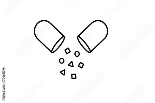 Open capsule with geometric particles, illustration for medicine, healthcare, and pharmaceutical concepts, represents treatment and medication options