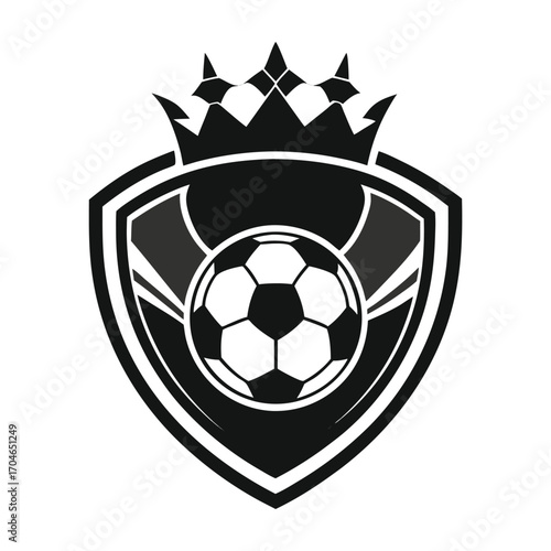 Grayscale soccer ball crest with crown and shield on white background football emblem