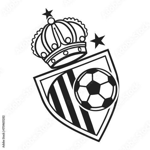 Outline soccer ball crest with crown, stars, and striped shield on white background football emblem