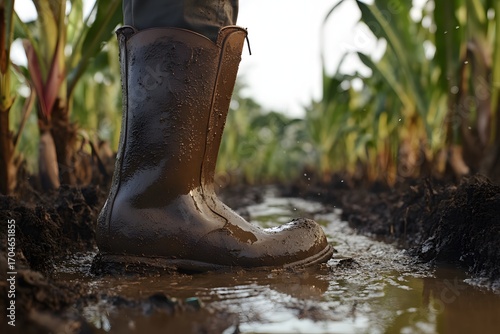 A close up of a sugarcane worker s boots sinking into the thick mud of a sugarcane field