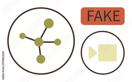 Molecule-style network diagram, video camera icon, and bold FAKE label emphasize online misinformation, manipulation, and technology ethics. Ideal for digital literacy, disinformation, media