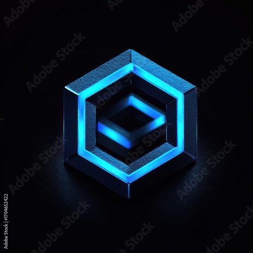 Glowing blue illuminated 3D hexagonal geometric shape with inner details on a dark background